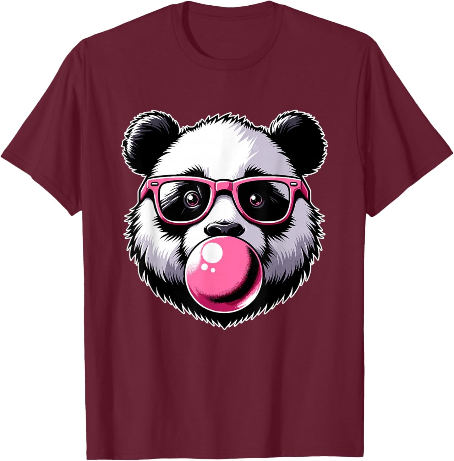 Cool Panda With Glasses, Chewing Gum Bubble & Panda Face T-Shirt - T-Shirt | Maroon