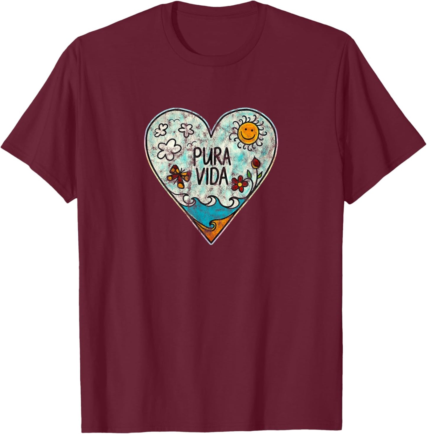 Pura Vida Heart Summer Sun Beach Holiday Sea Happiness Holiday T-Shirt - T-Shirt | Maroon