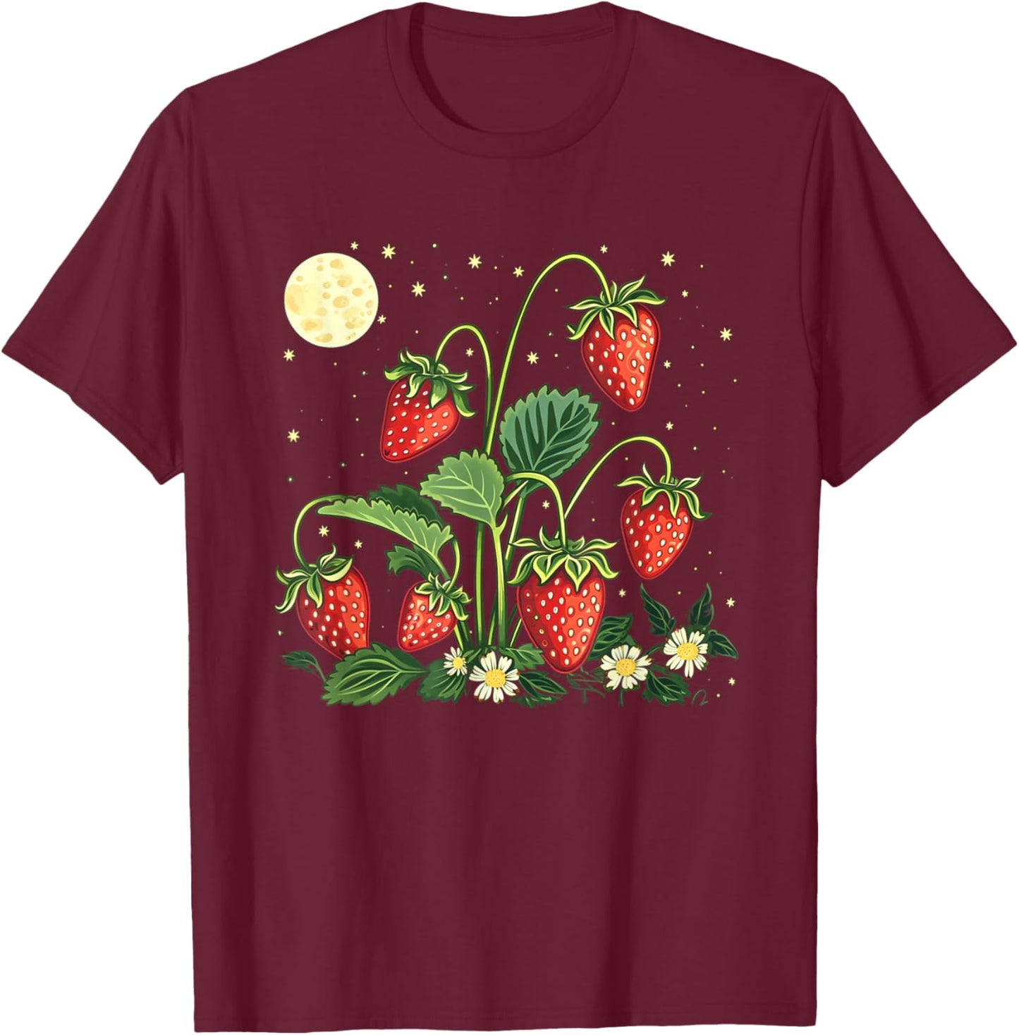 Funny Strawberry Plants by Night with full moon outfit T-Shirt - T-Shirt | Maroon
