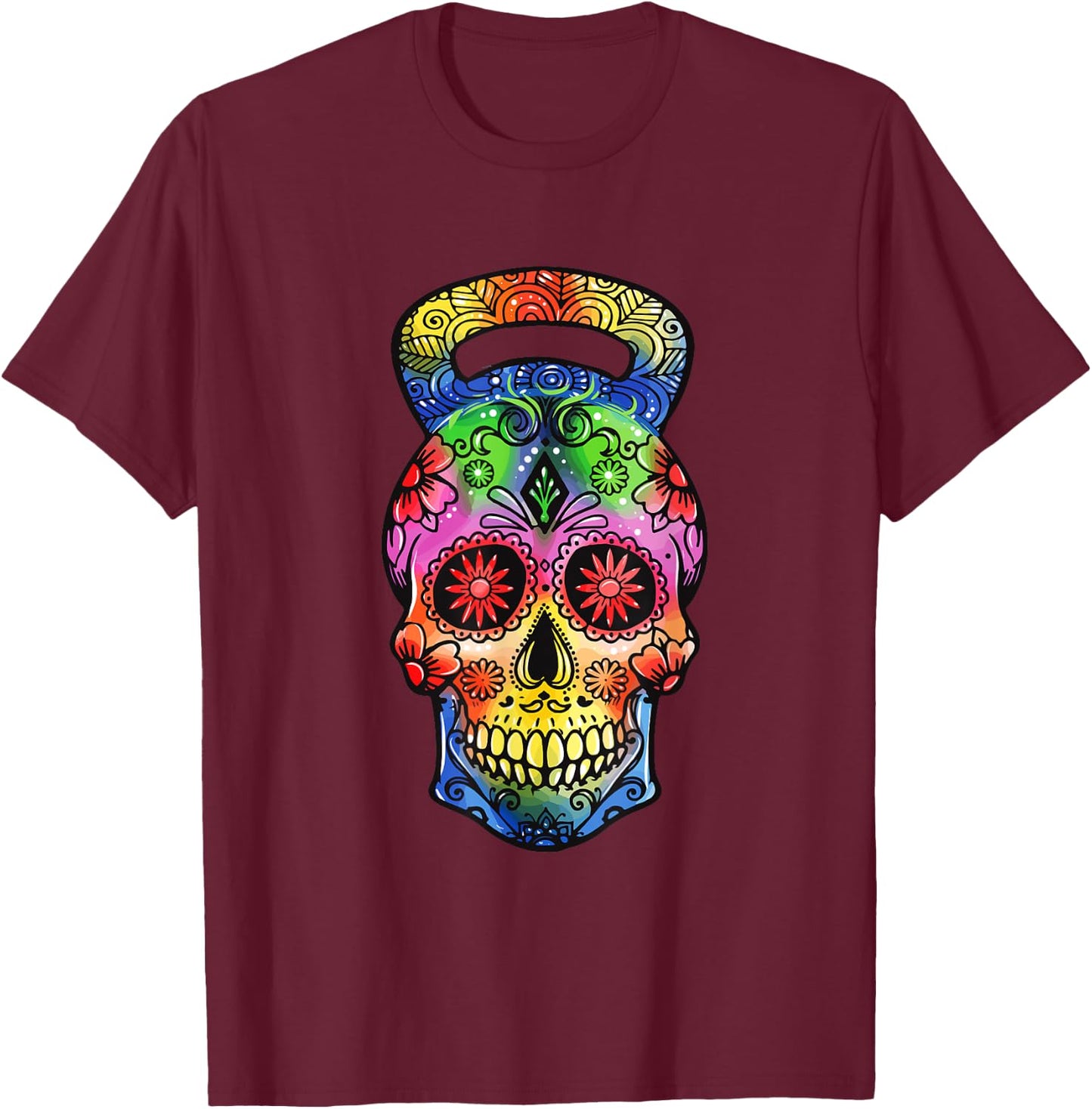 Kettlebell Sugar Skull Weight Lifting Exercise Workout T-Shirt - T-Shirt | Maroon