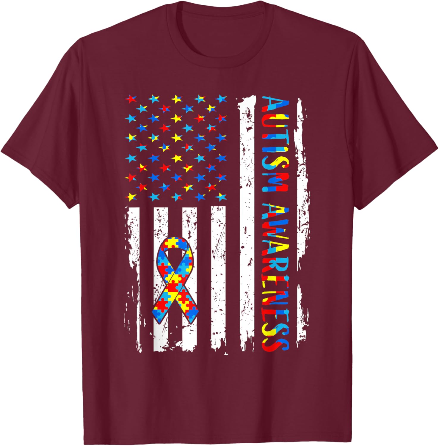 Autism Awareness Mom Dad USA Flag Autistic Awareness Autism T-Shirt - T-Shirt | Maroon