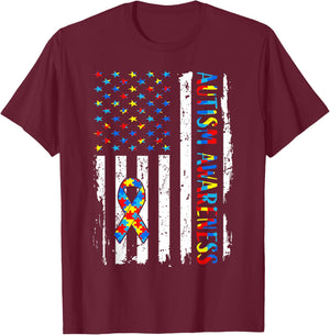 Autism Awareness Mom Dad USA Flag Autistic Awareness Autism T-Shirt - T-Shirt | Maroon