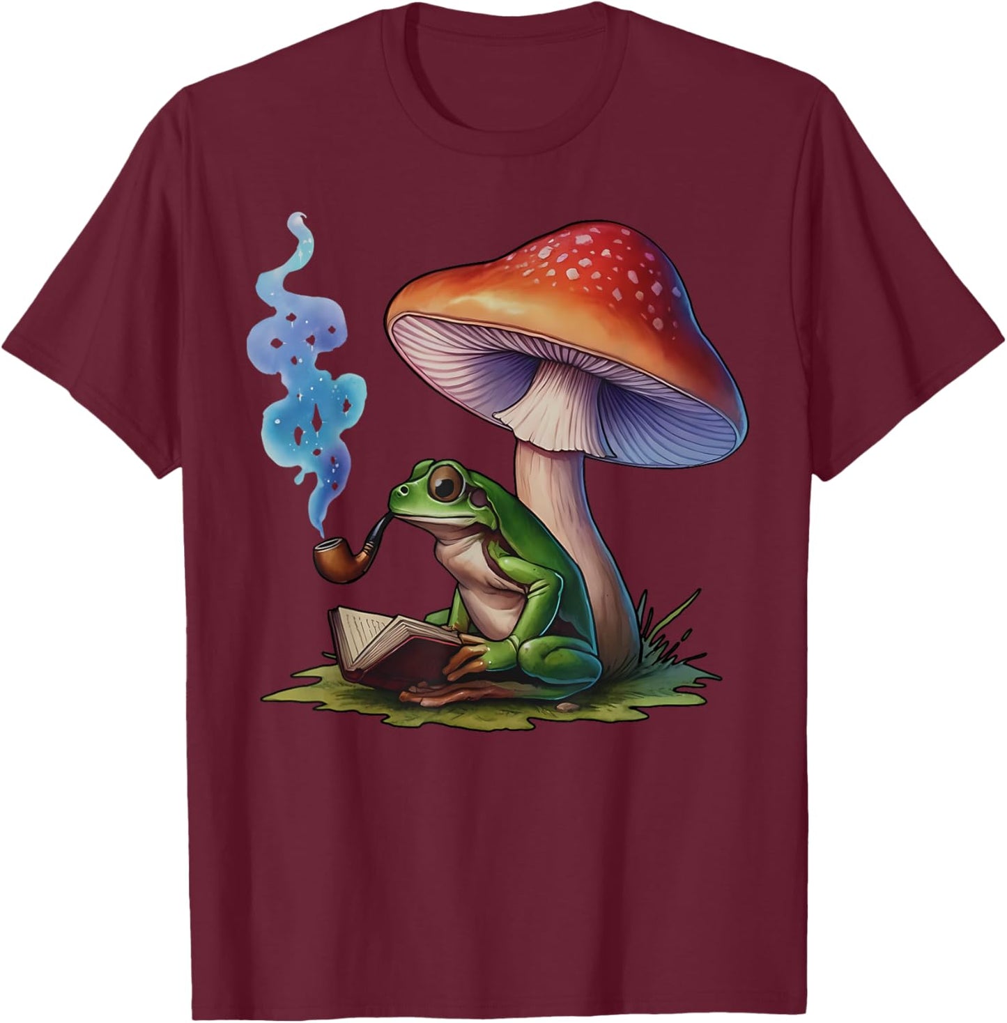 Reading Frog Smoking Mushroom Funny Frog Weed Smokers T-Shirt - T-Shirt | Maroon