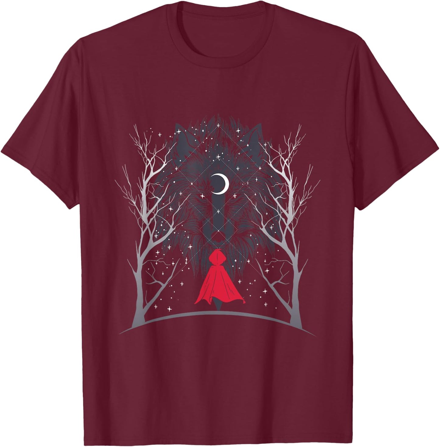 Red Riding Hood and the Wolf in the Moonlight - Occult, Witchcraft T-Shirt - T-Shirt | Maroon