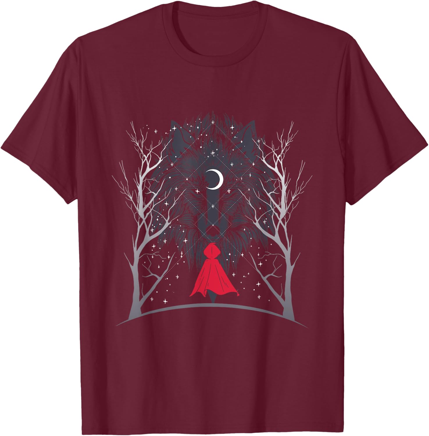 Red Riding Hood and the Wolf in the Moonlight - Occult, Witchcraft T-Shirt - T-Shirt | Maroon