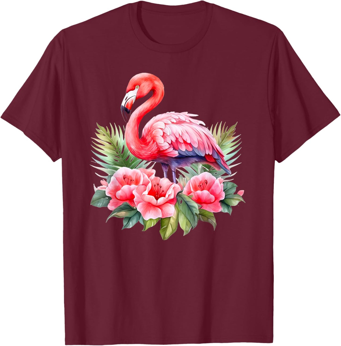 Flamingo Flowers Tropical Watercolor Bird Top T-Shirt - T-Shirt | Maroon