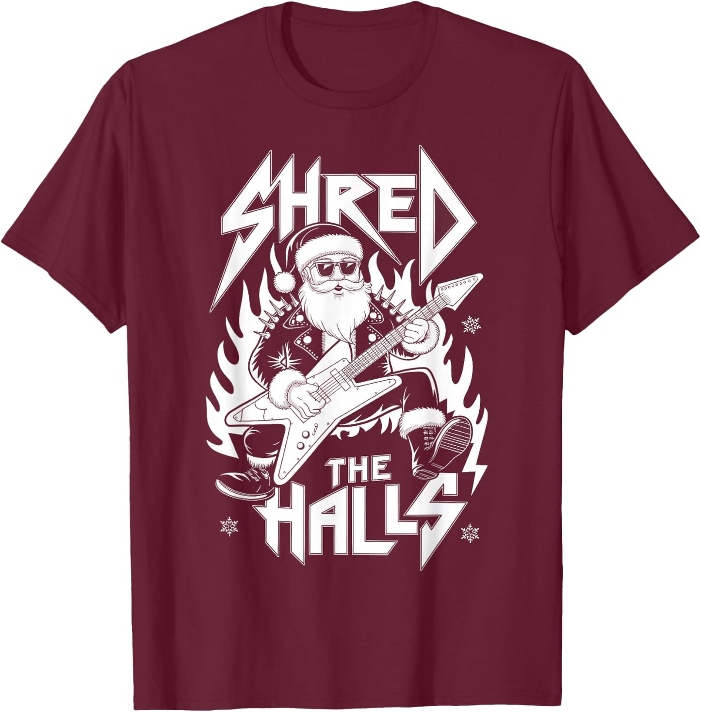 Shred the Halls Christmas Rocker Santa Metalhead Guitarist T-Shirt - T-Shirt | Maroon