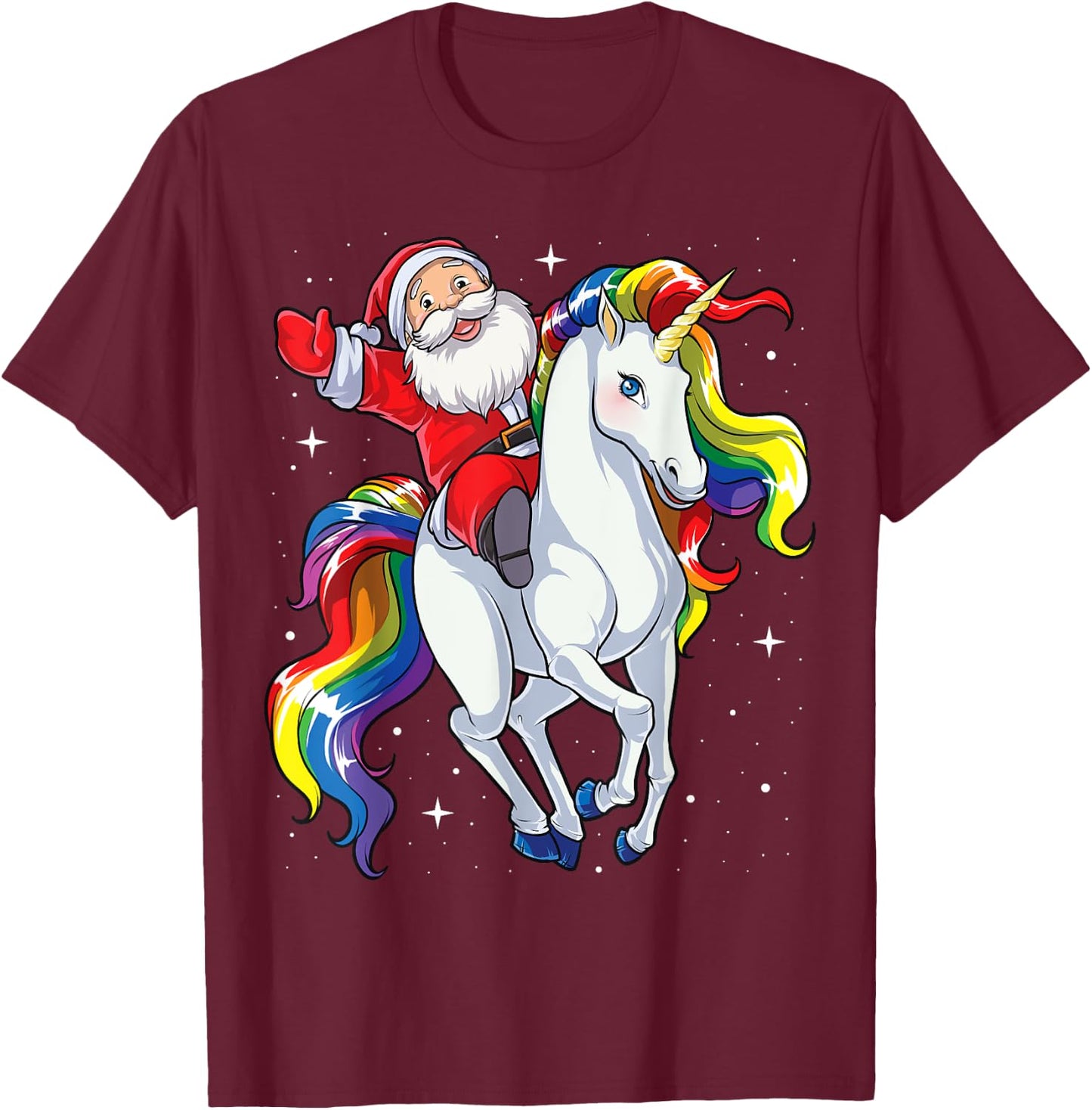 Christmas Santa Riding Unicorn Xmas Girls Women Rainbow T-Shirt - T-Shirt | Maroon