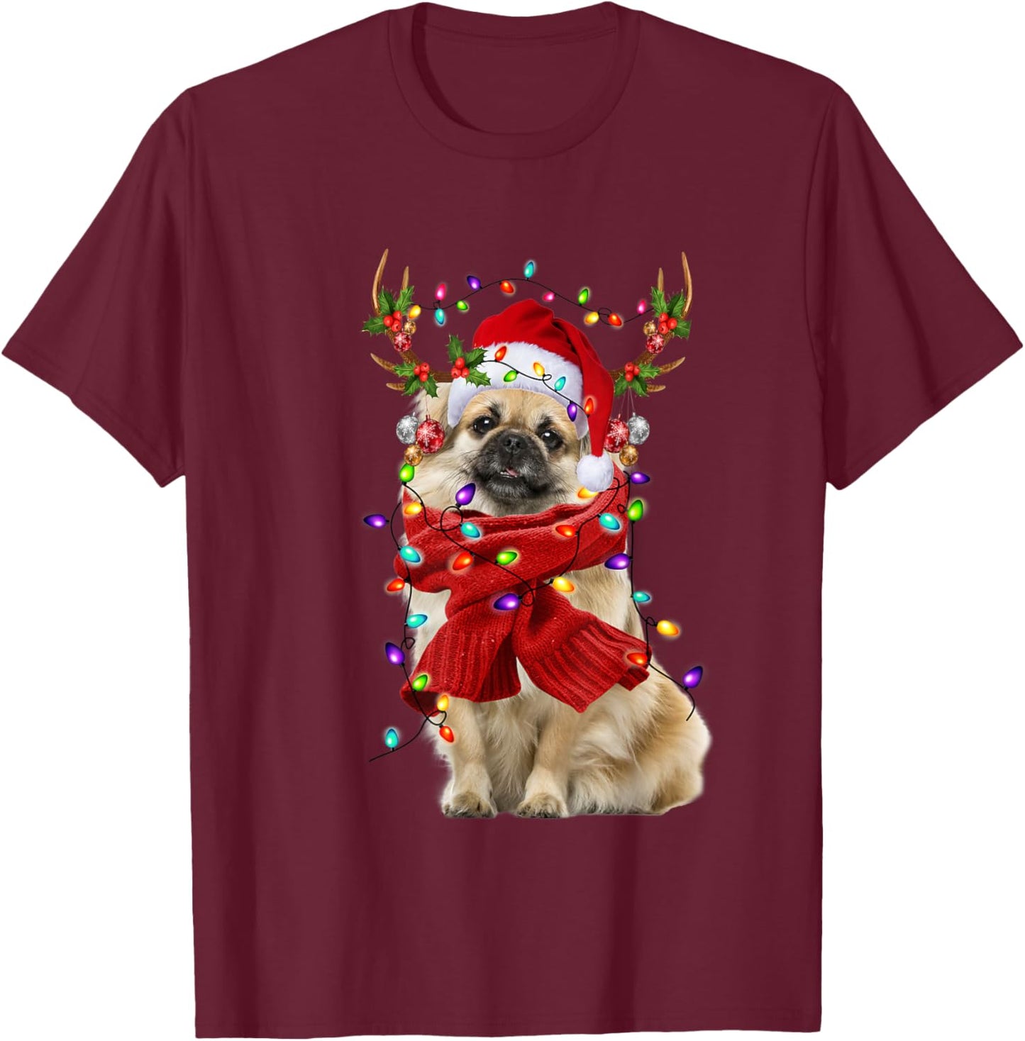 Santa Tibetan Spaniel Dog Reindeer Christmas Lights T-Shirt - T-Shirt | Maroon