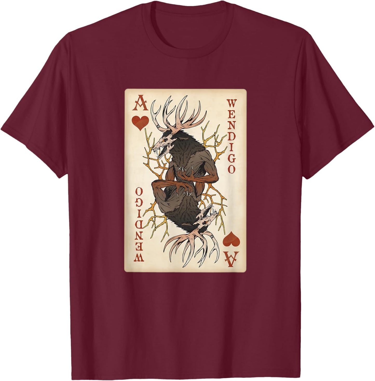 National Introvert Society Wendigo Original Cryptid Playing Card Tarot Ace of Hearts T-Shirt - T-Shirt | Maroon