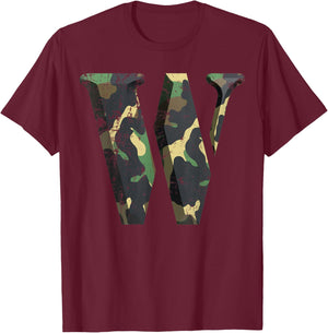 Capital Letter W Stencil Font Army Camo Woodland Camouflage T-Shirt - T-Shirt | Maroon