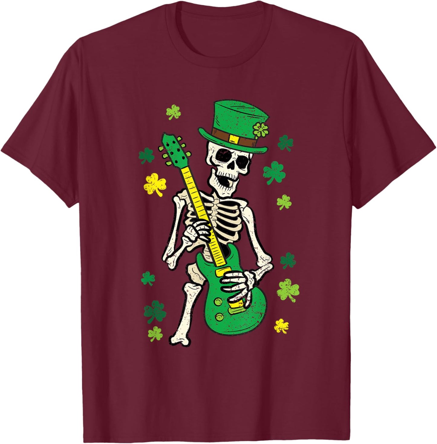 Skeleton Playing Guitar St Patricks Day Leprechaun Shamrock T-Shirt - T-Shirt | Maroon