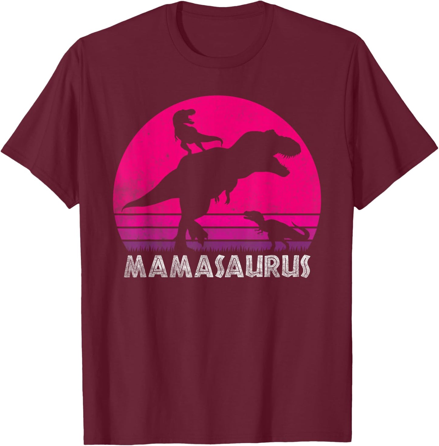 Vintage Retro 2 Kids Mamasaurus Sunset Funny Gift Mother T-Shirt - T-Shirt | Maroon