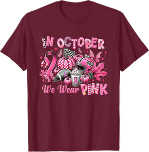 In October We Wear Pink Breast Cancer Pumpkin Football T-Shirt - T-Shirt | Maroon