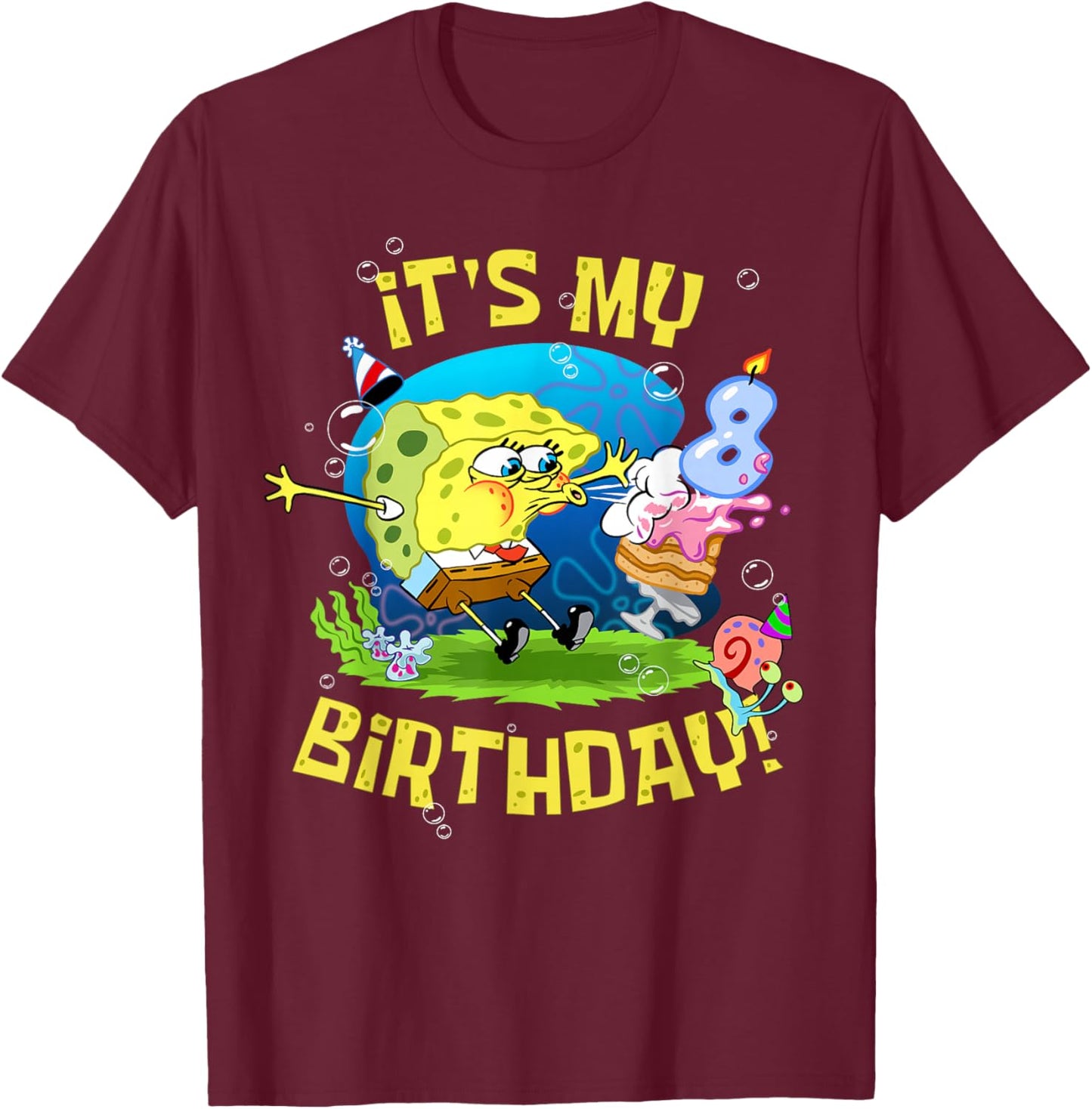 Spongebob It's My 8th Birthday Cake Eight Years Spongebob T-Shirt - T-Shirt | Maroon
