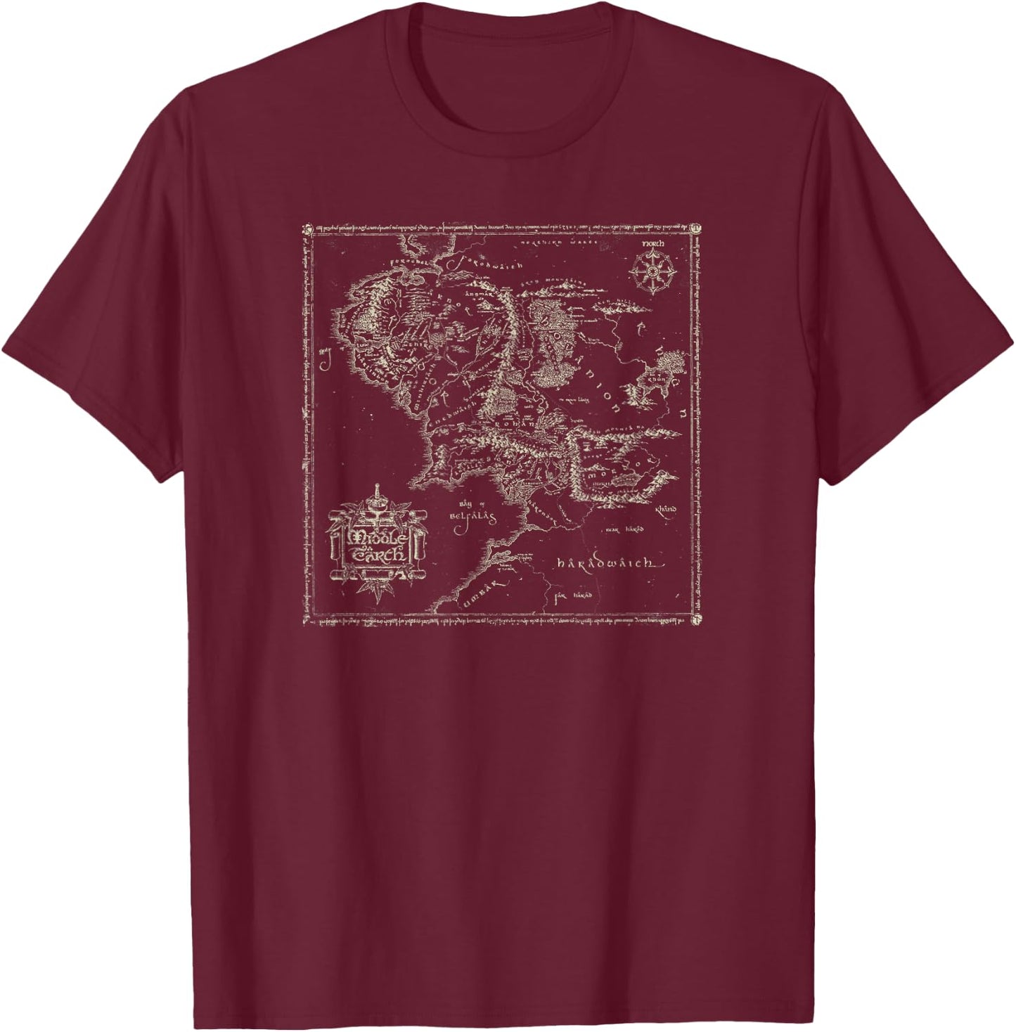 Lord of The Rings Map of Middle Earth T-Shirt - T-Shirt | Maroon