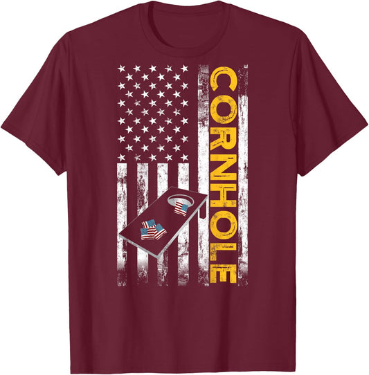 Patriotic Cornhole Player USA American Flag Corn Hole Lover T-Shirt - T-Shirt | Maroon