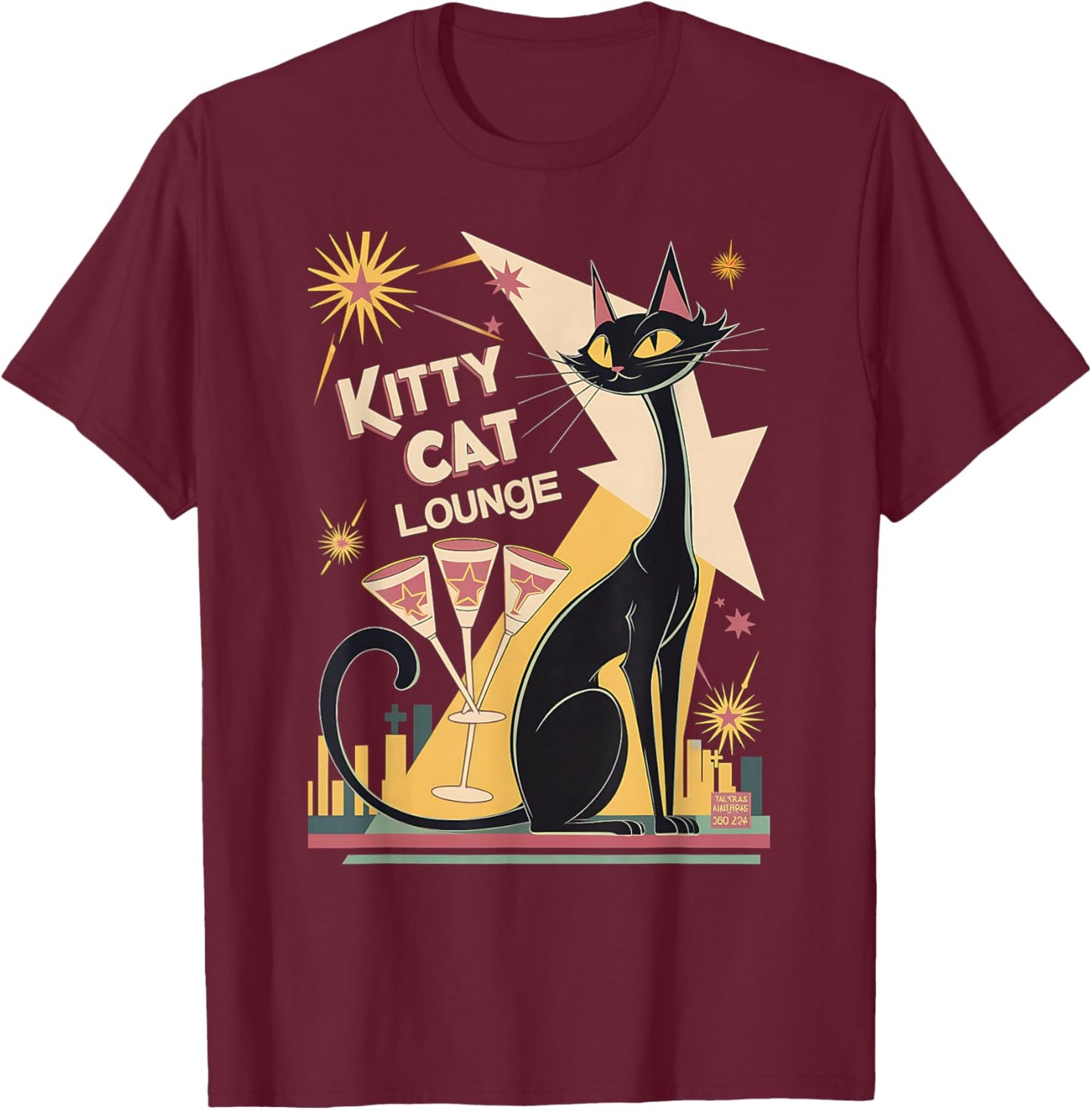 Retro Mid-Century Modern Cat and Cocktails Lounge Theme T-Shirt - T-Shirt | Maroon