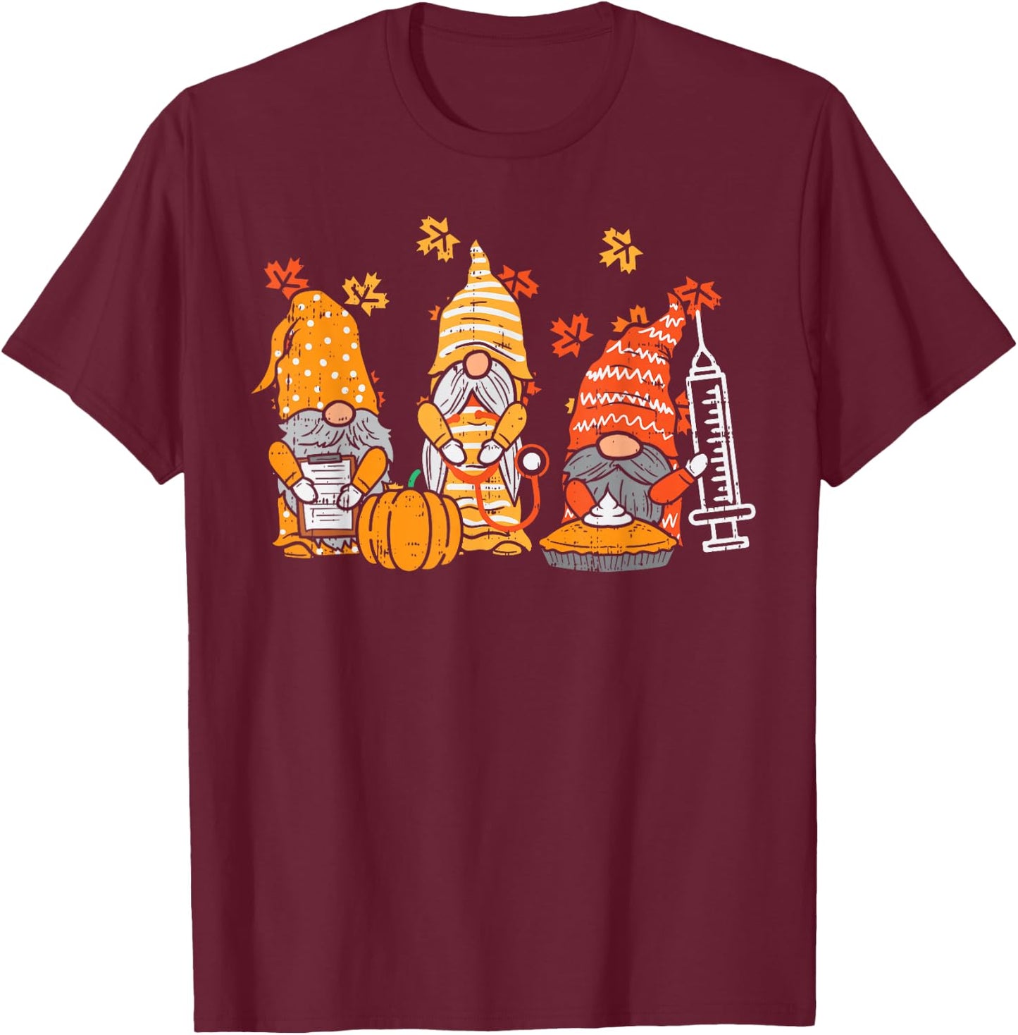 Thanksgiving Nurse Gnomes Fall Scrub Top Autumn RN Women T-Shirt - T-Shirt | Maroon