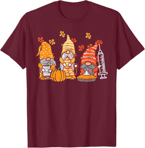 Thanksgiving Nurse Gnomes Fall Scrub Top Autumn RN Women T-Shirt - T-Shirt | Maroon