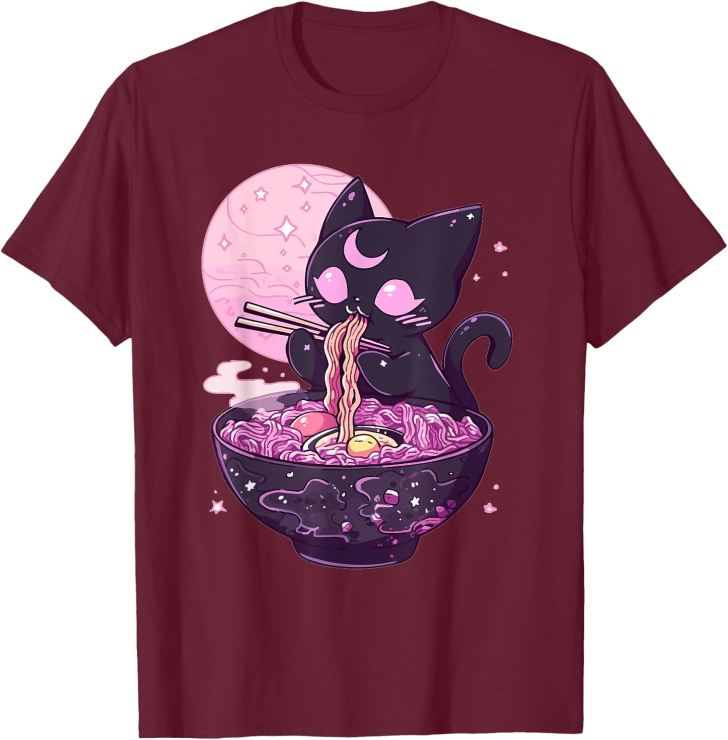 Pastel Goth Aesthetic Kawaii Creepy Cat Eating Ramen Noodles T-Shirt - T-Shirt | Maroon