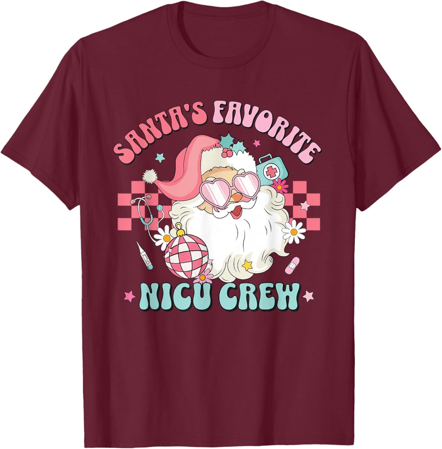 Retro Pink Christmas Neonatal Santa's Favorite NICU Nurse T-Shirt - T-Shirt | Maroon
