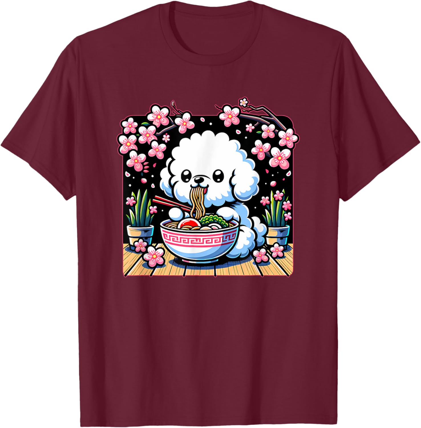 Kawaii Bichon Frise Dog Eating Ramen T-Shirt - T-Shirt | Maroon