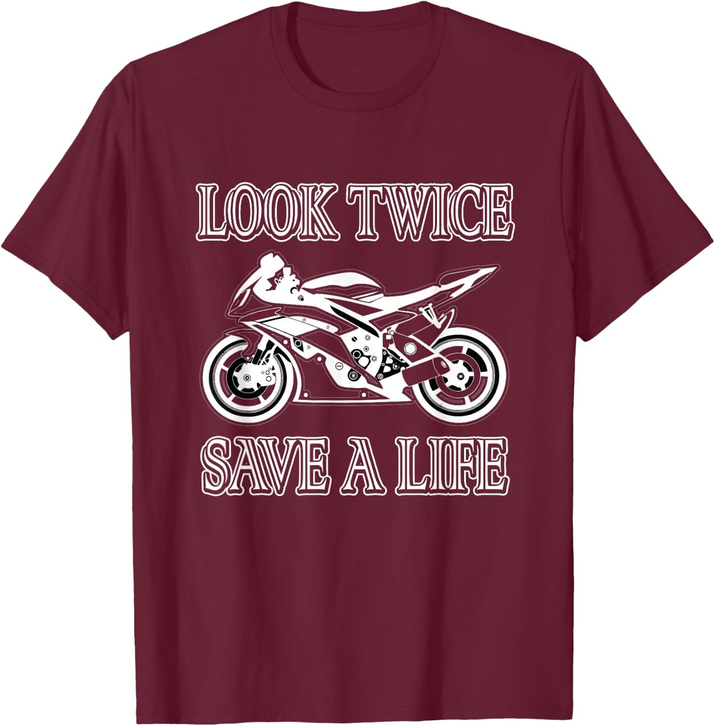 Motorrad-Bewusstseins-Sicherheits-Design -Adults Black Short Sleeve Classic Fit Small Look Twice Save A Life Motorcycle Safety T-Shirt - T-Shirt | Maroon
