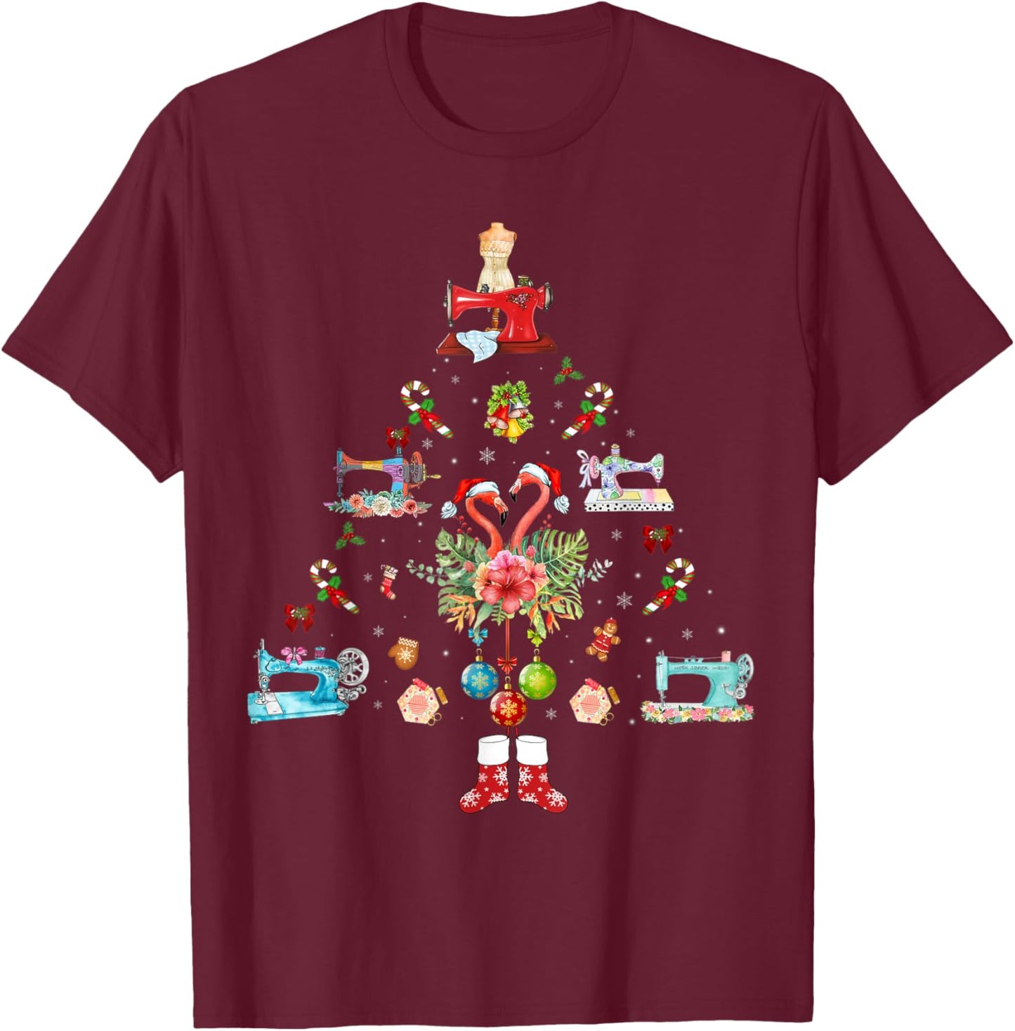 Flamingo Quilting Machine Christmas T-Shirt - T-Shirt | Maroon