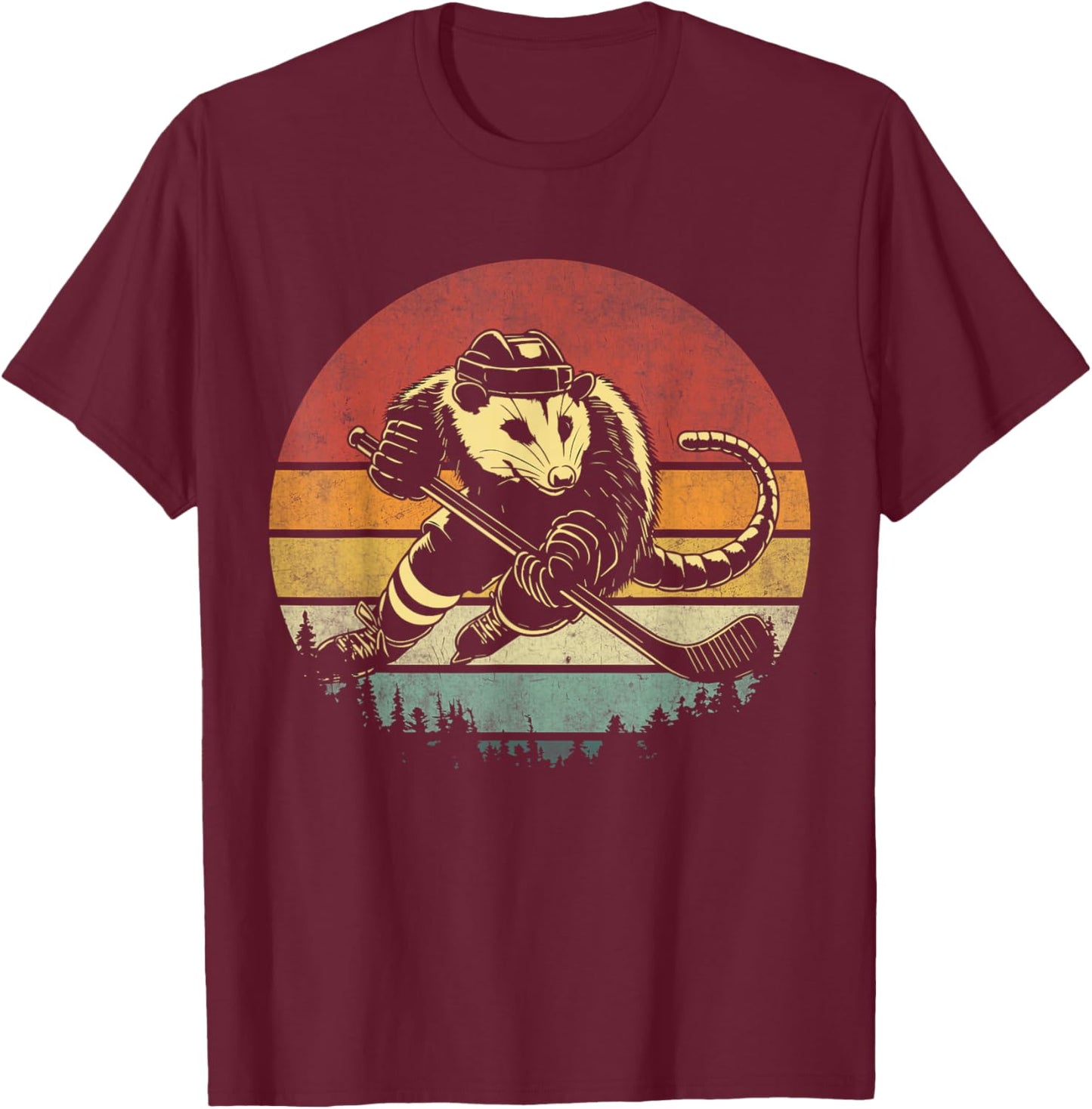 Retro Opossum Playing Hockey Vintage Opossum Hockey Player T-Shirt - T-Shirt | Maroon