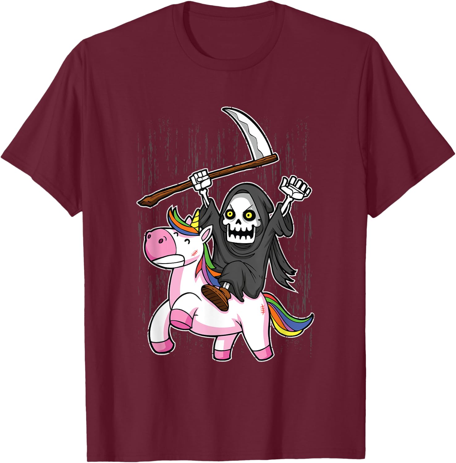 Death Metal Rock Music Halloween Grim Reaper Riding Unicorn T-Shirt - T-Shirt | Maroon