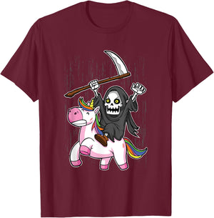 Death Metal Rock Music Halloween Grim Reaper Riding Unicorn T-Shirt - T-Shirt | Maroon