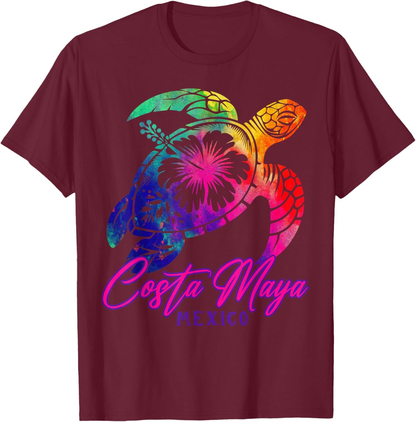 Costa Maya Mexico Tie Dye Sea Turtle Hibiscus Beach Vacation T-Shirt - T-Shirt | Maroon