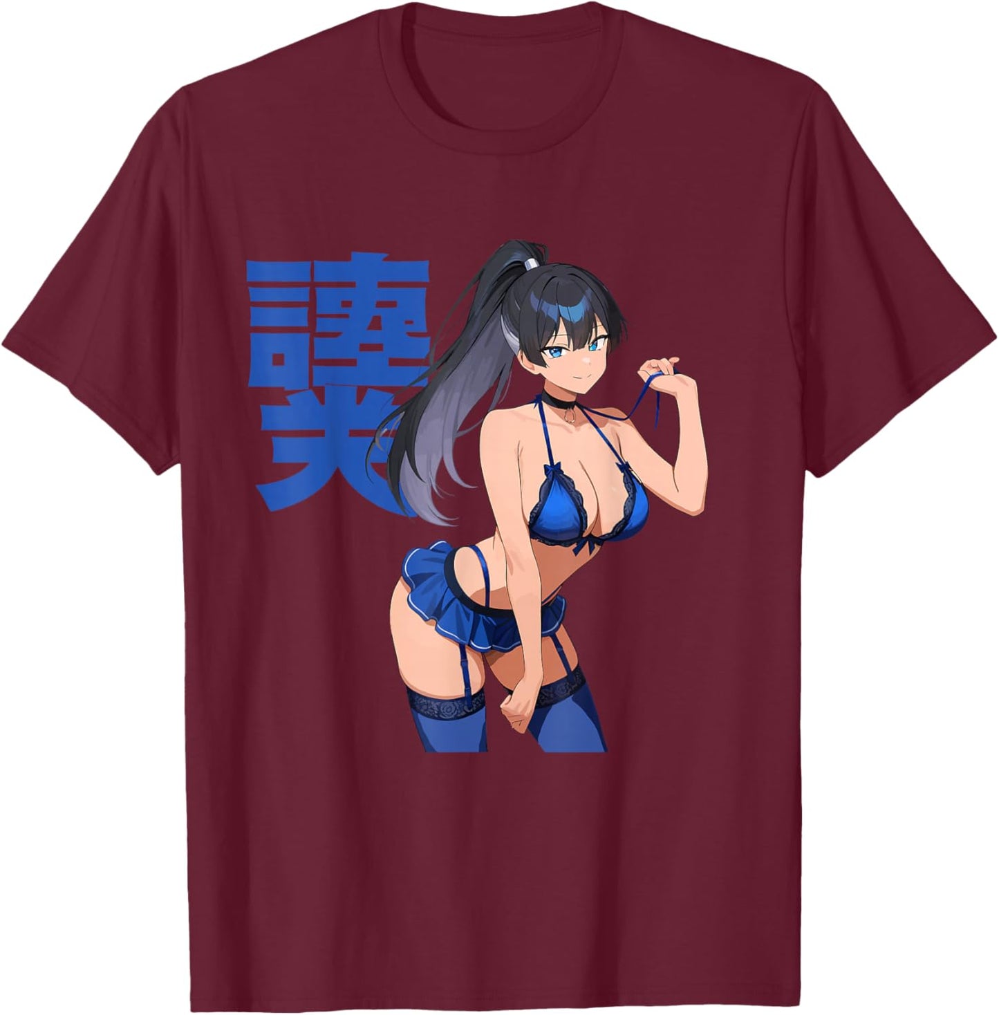 Waifu Sexy Anime Girl Clothes Blue Japanese Art T-Shirt - T-Shirt | Maroon