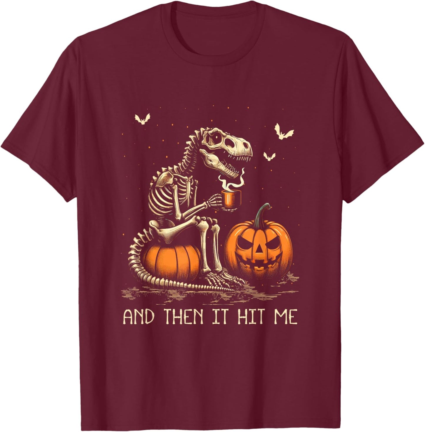 Halloween Dinosaur Skeleton Drinking Coffee Costume Goth T-Shirt - T-Shirt | Maroon