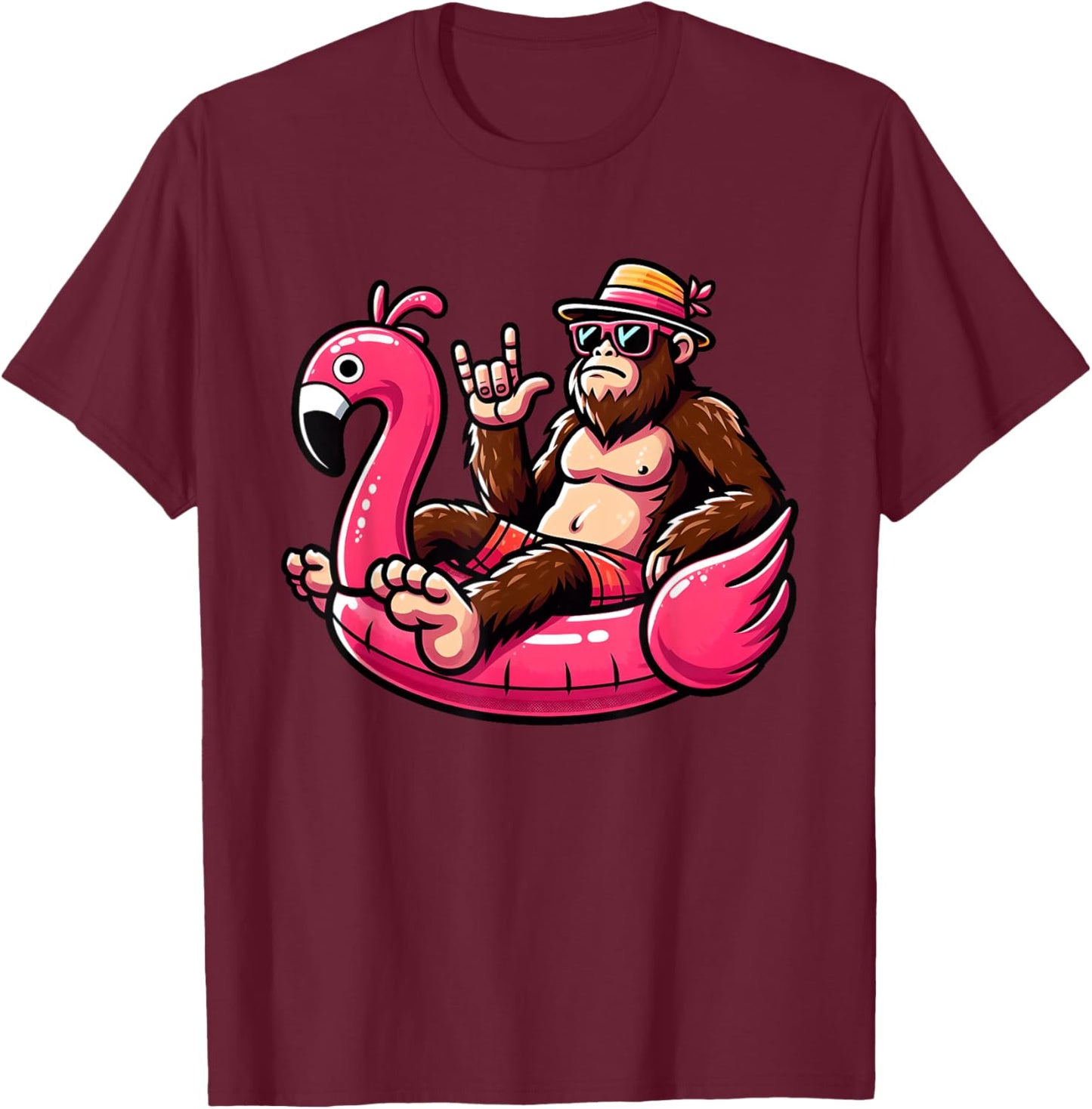 Bigfoot Sasquatch on Flamingo Pool Swimming Hawaii Beaches Men Women Kids T-Shirt - T-Shirt | Maroon