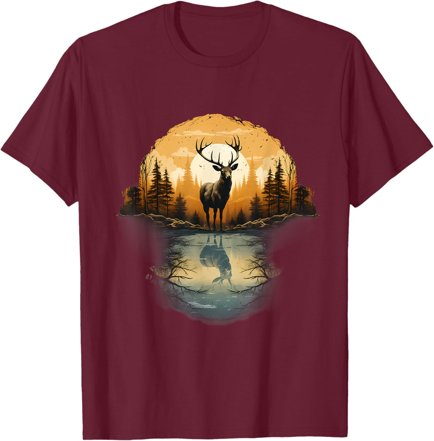 Deer Landscape Artwork Motif Animal Lovers Nature Wildlife T-Shirt - T-Shirt | Maroon