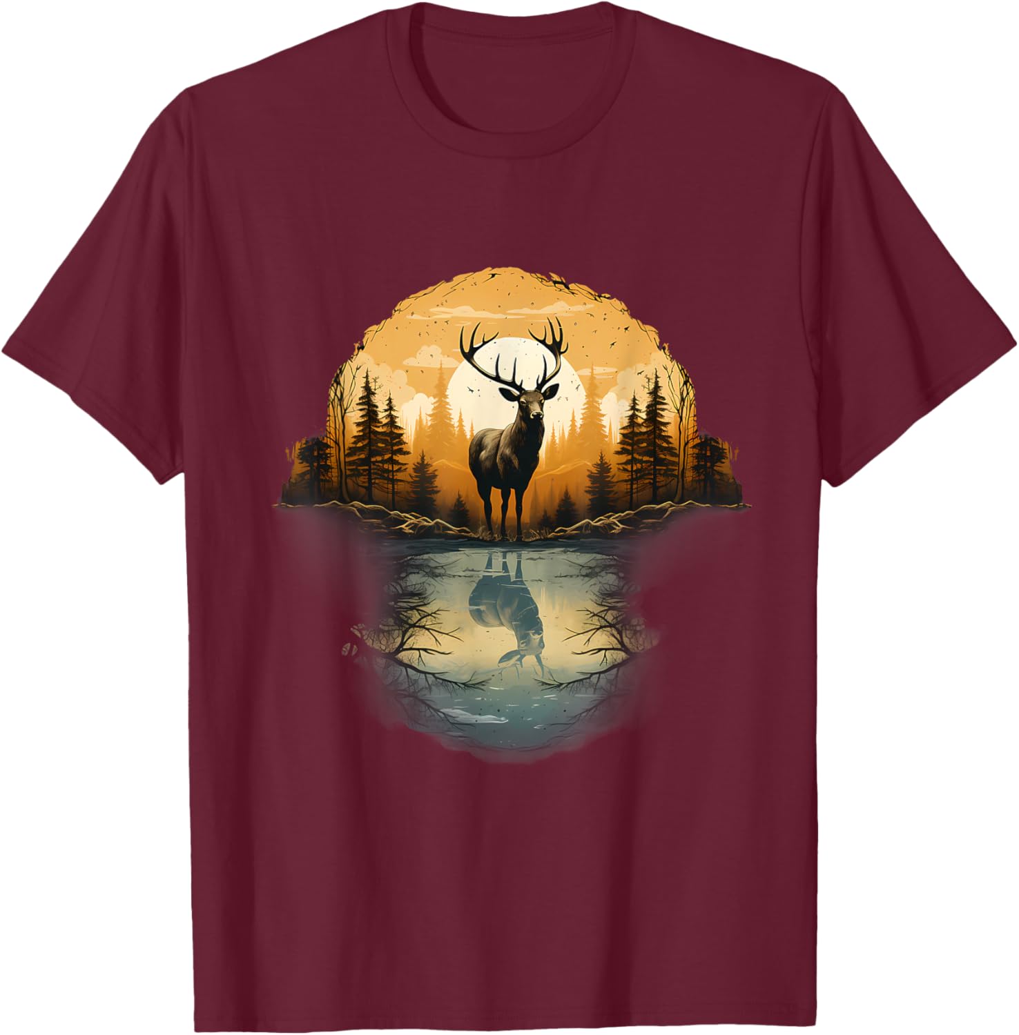 Deer Landscape Artwork Motif Animal Lovers Nature Wildlife T-Shirt - T-Shirt | Maroon