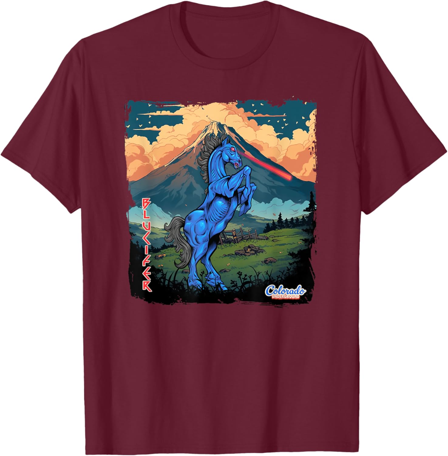 Blucifer: Laser-Eyed Demon Horse Roams Colorado Underground T-Shirt - T-Shirt | Maroon