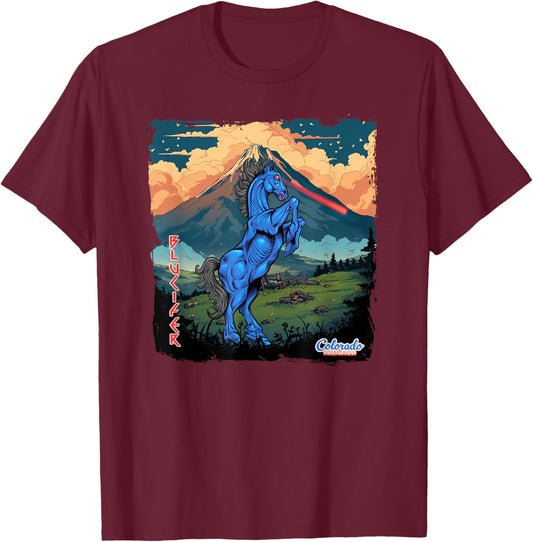 Blucifer: Laser-Eyed Demon Horse Roams Colorado Underground T-Shirt - T-Shirt | Maroon