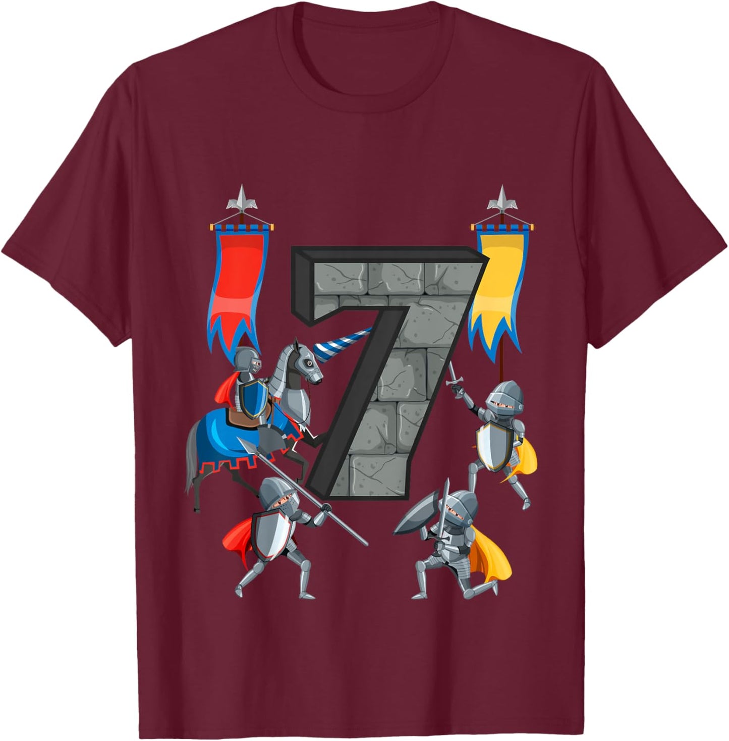 Medieval Knights Middle Ages History Castle 7th Birthday T-Shirt - T-Shirt | Maroon