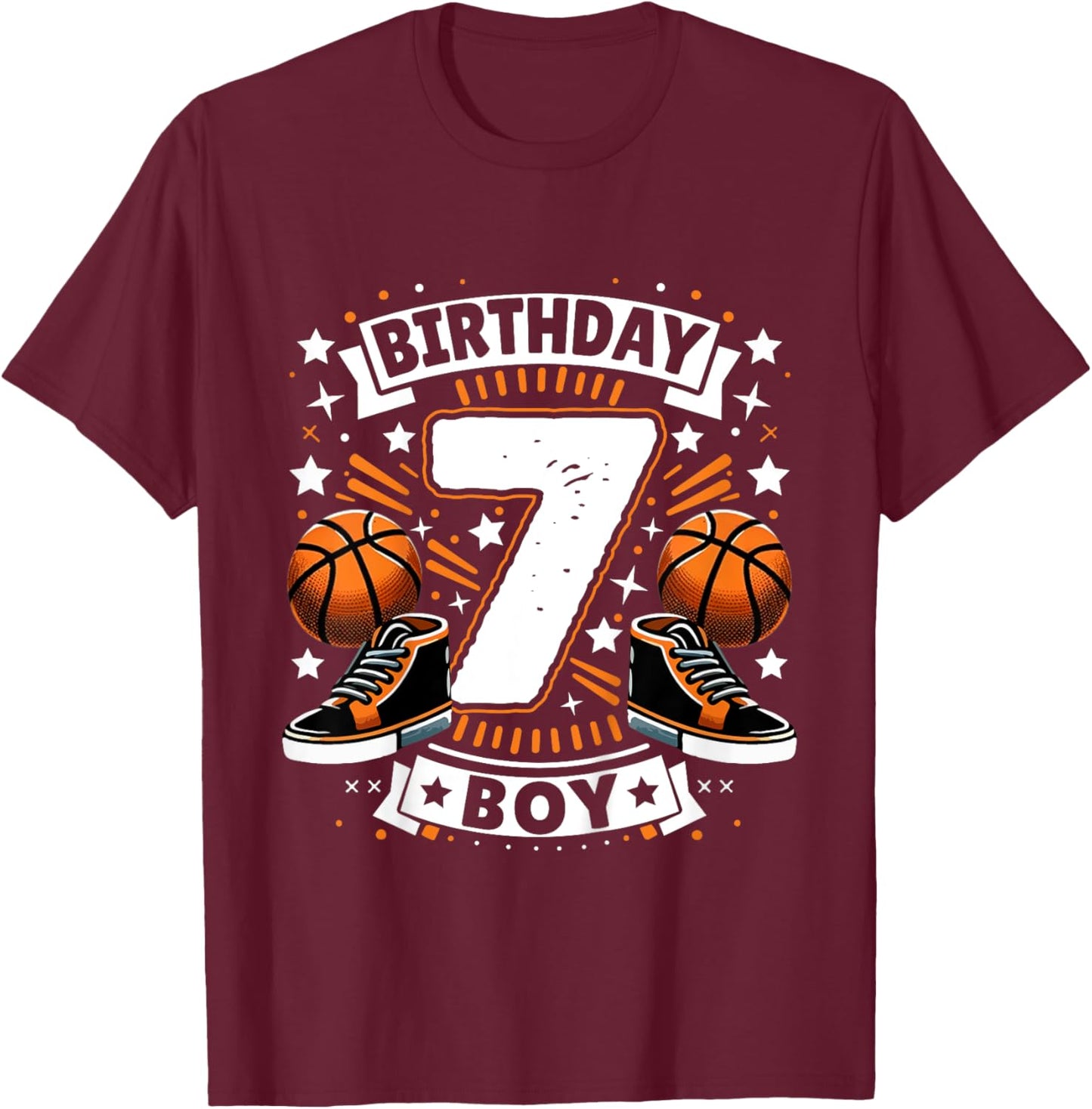 Kids 7th Birthday Boy 7 Year Old Boy Basketball Birthday Party T-Shirt - T-Shirt | Maroon