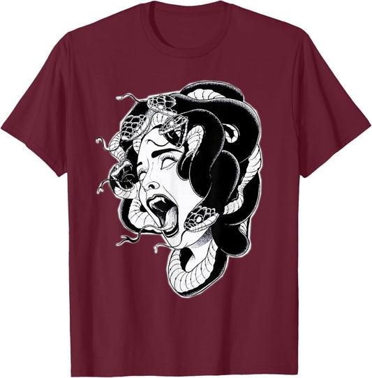 Medusa Blackwork Tattoo Flash T-Shirt - T-Shirt | Maroon
