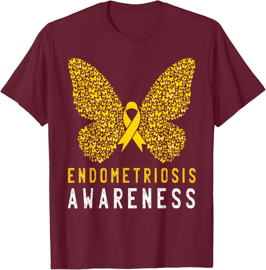 Butterfly Endometriosis Awareness Month Endo Support Ribbon T-Shirt - T-Shirt | Maroon