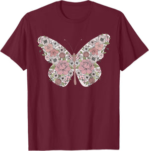 Boho Floral Butterfly Wild Flowers T-Shirt - T-Shirt | Maroon