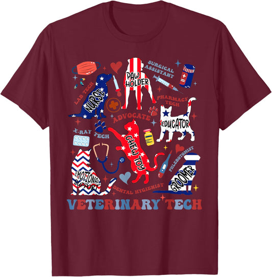 Vet Tech July 4th Veterinary Medicine Tech American Flag Vet T-Shirt - T-Shirt | Maroon