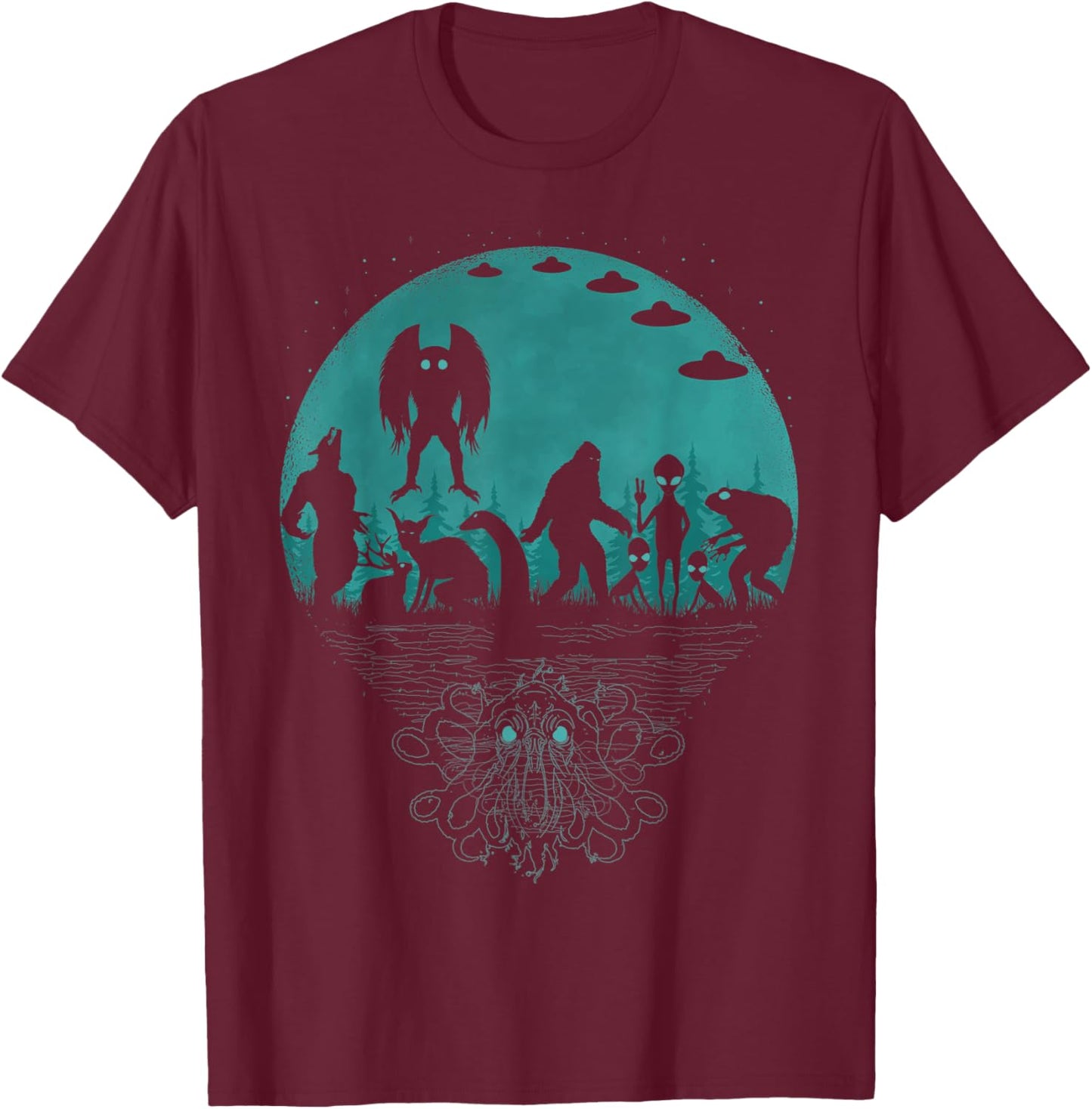 Bigfoot Loch Ness Monster Mothman And Aliens! Funny Cryptid T-Shirt - T-Shirt | Maroon