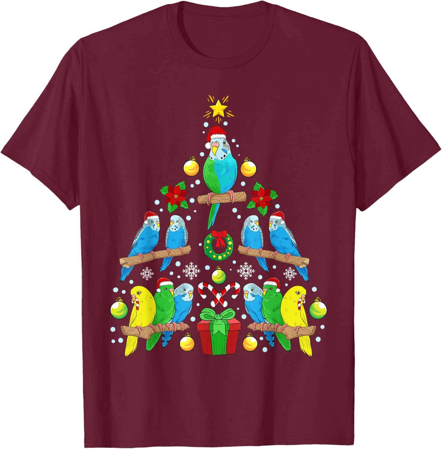 Animals Christmas Tree Presents Budgie Christmas Tree Bird T-Shirt - T-Shirt | Maroon