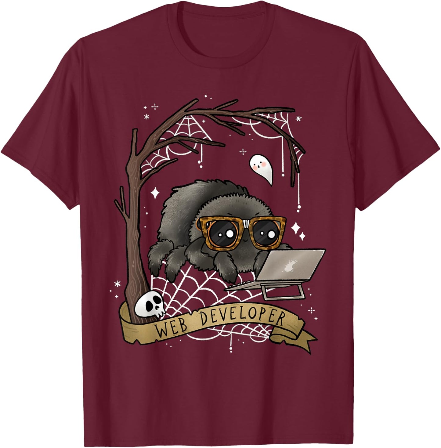 Web Developer Funny Spooky Cute Spider Halloween Computer T-Shirt - T-Shirt | Maroon