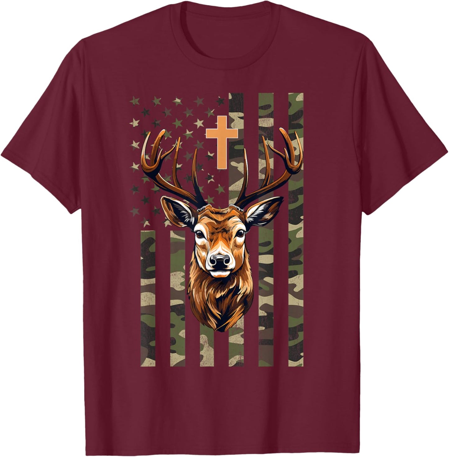Christian Deer Hunting Camo American Flag, Christian Hunting T-Shirt - T-Shirt | Maroon